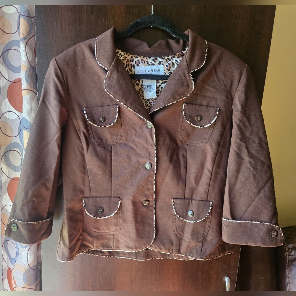 Sag Harbor Brown Button-Front Blazer with Contrast Piping Size 14